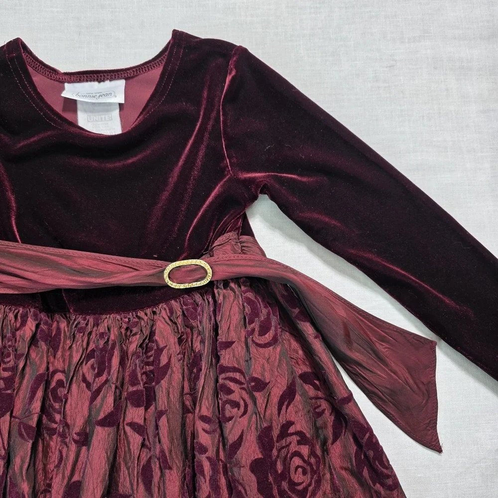Vtg Bonnie Jean Dress Girls 4 Burgundy Velvet Burn Out Skirt Sash Holiday‎ Union